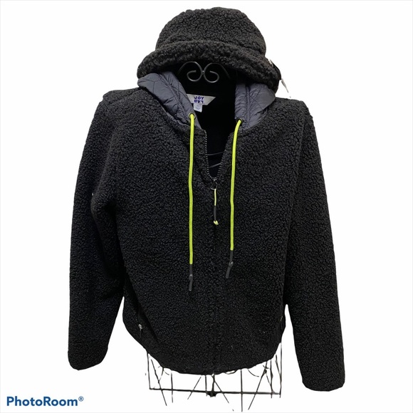 Joy Lab Black Sherpa Fleece Full Zip Hooded Jacket w/Hat XS